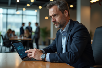 Manager en costume regardant des graphiques sur tablette dans un bureau moderne