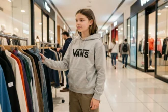 Adolescente portant un sweat-shirt de marque en V dans un centre commercial moderne, illustrant les marques populaires en V pour enfants et ados
