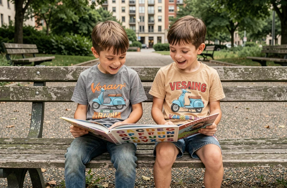 Deux jeunes garçons en tenue de marques en V assis dans un parc urbain, feuilletant un livre illustré de logos de marques commençant par V