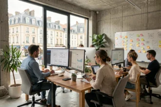 Vue panoramique d'une agence de création de sites internet dans le Loiret avec des professionnels du digital collaborant autour d'écrans affichant des maquettes web