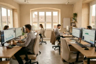 Vue d'ensemble d'une agence SEO moderne dans le Gard avec des professionnels travaillant sur des tableaux de bord d'analyse digitale