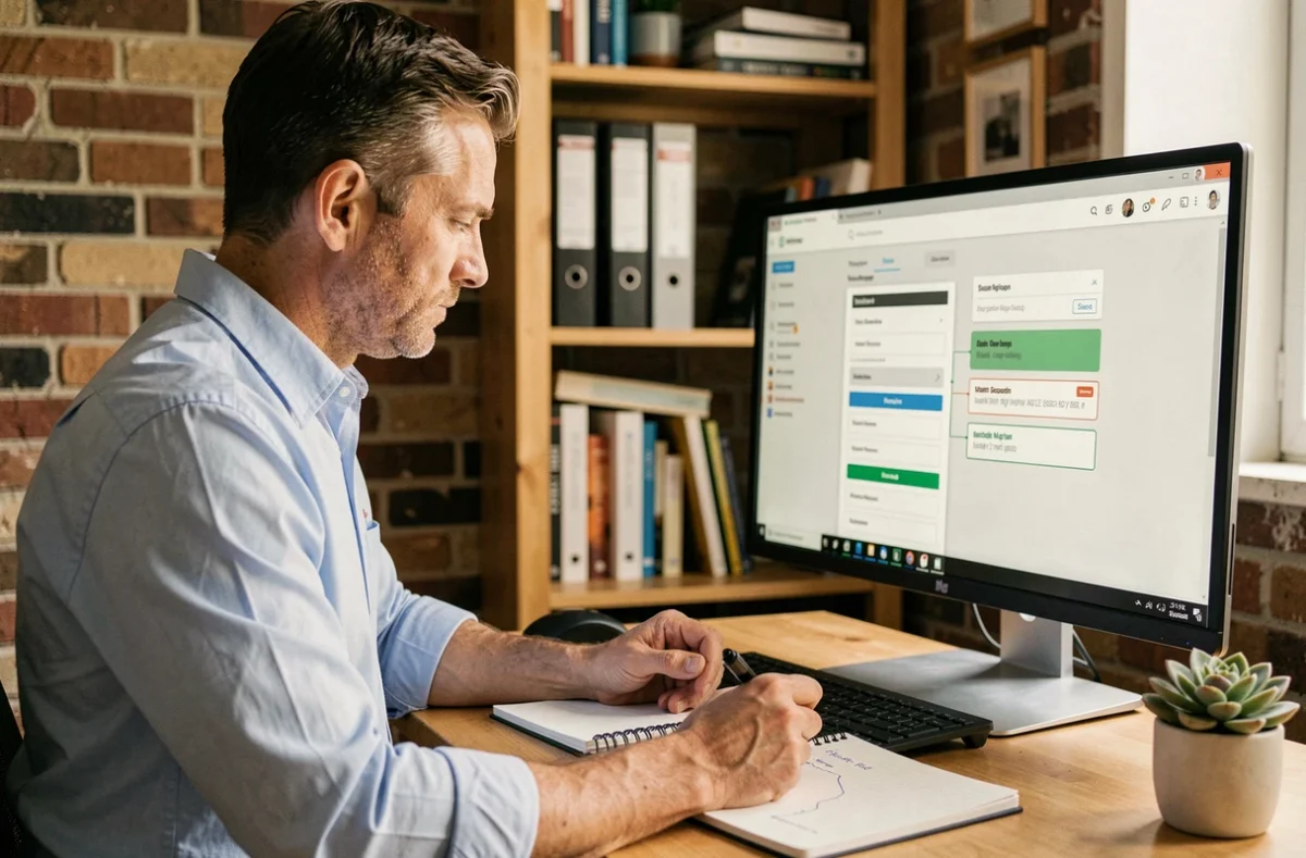 Courtier indépendant en train de migrer vers l'extranet AXA depuis son bureau à domicile