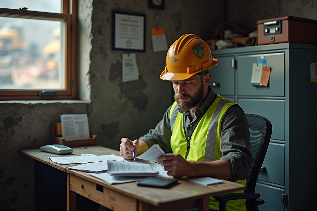 Mineur au bureau examinant un document dans l