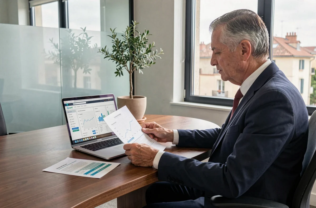 Consultant senior de Net Concept analysant un rapport d'analyse web et un tableau de bord concurrentiel pour un client du Gard