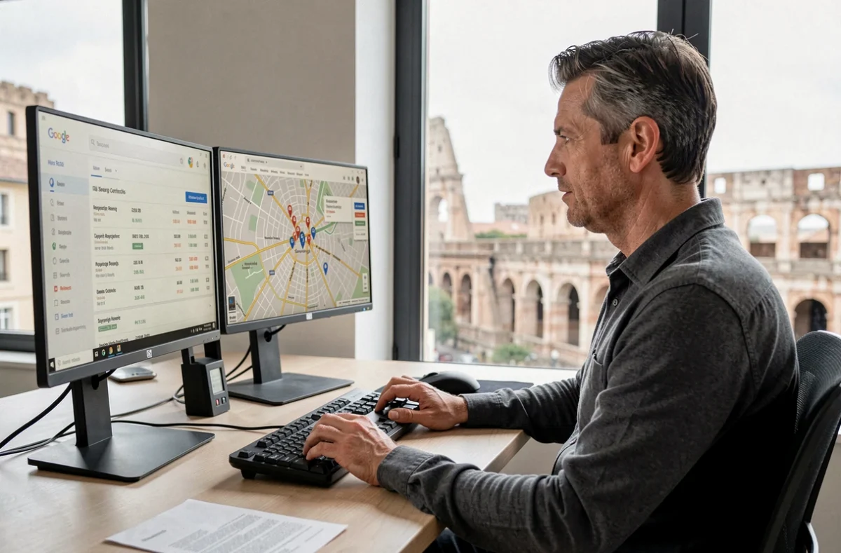 Technicien SEO de Nîmes Web gérant des outils de recherche de mots-clés sur trois écrans avec des données de référencement local