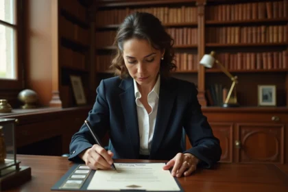 Notaire en bureau examinant un document officiel avec sceau emblématique des notaires de France