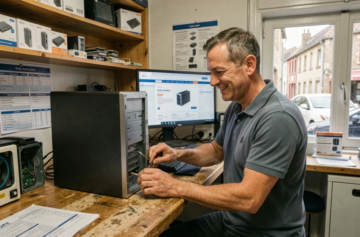 Technicien de O'PC Phone à Sully-sur-Loire réparant un ordinateur en boutique avec un site web en cours de création visible sur un écran en arrière-plan
