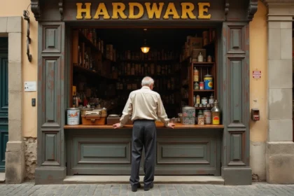 Portrait d'un homme âgé devant une ancienne quincaillerie française évoquant les origines familiales de Leroy Merlin