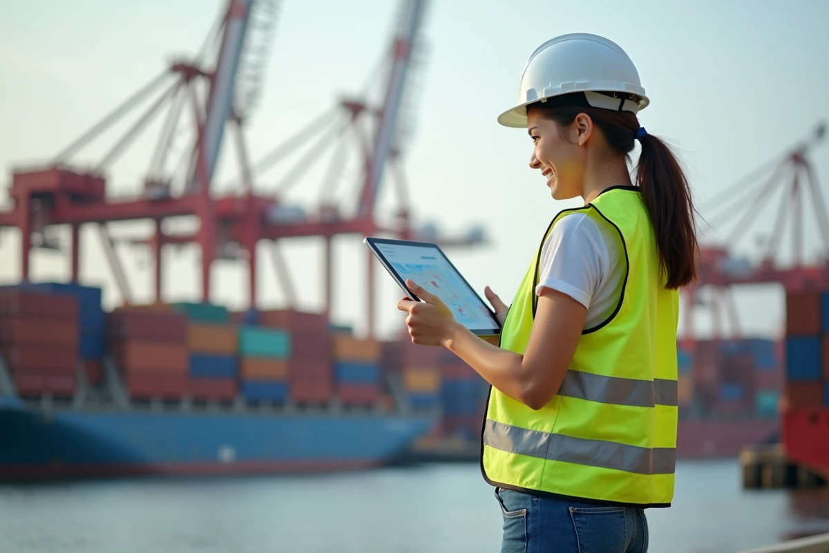 Jeune femme portuaire avec tablette dans port actif