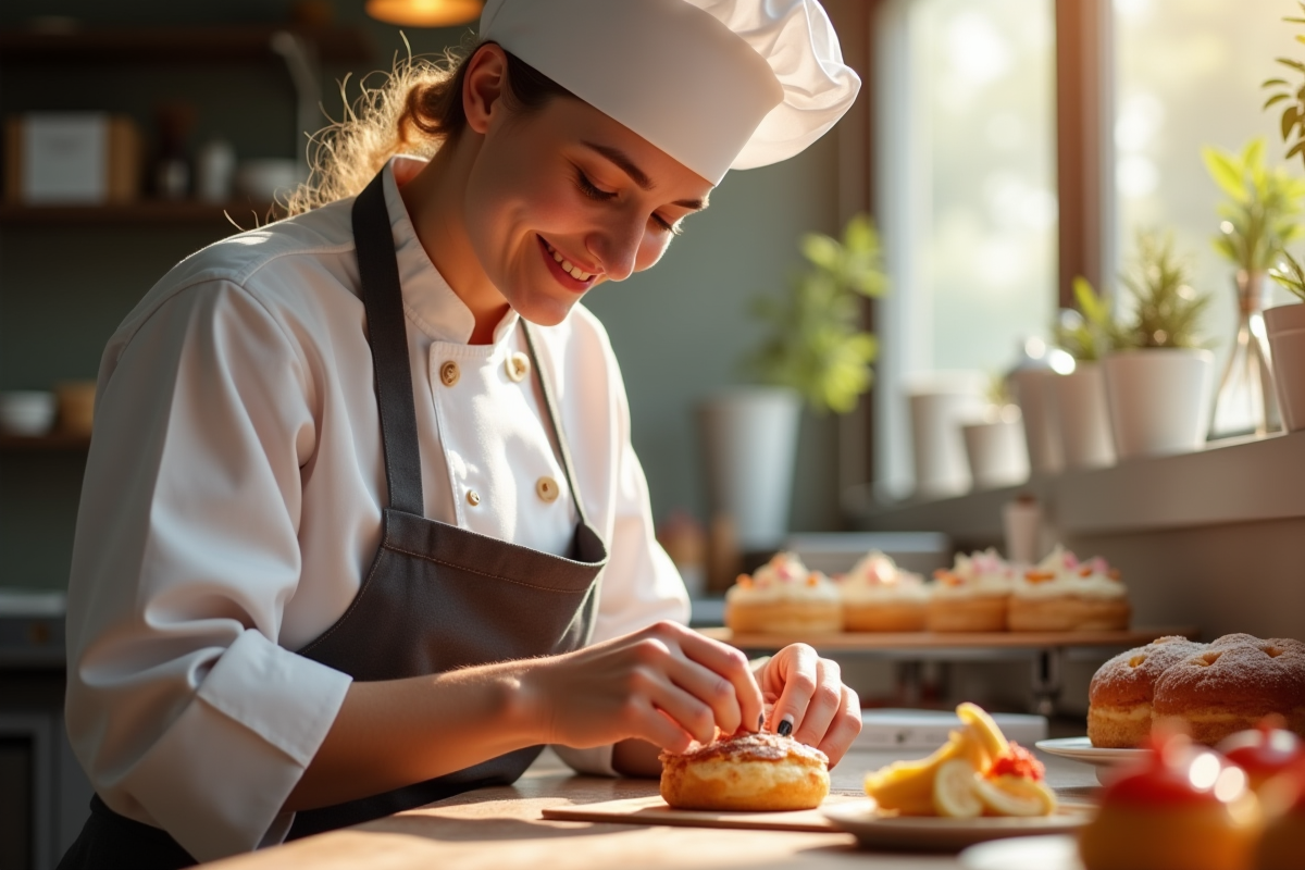 Chef pâtissier décorant une pâtisserie dans une cuisine lumineuse