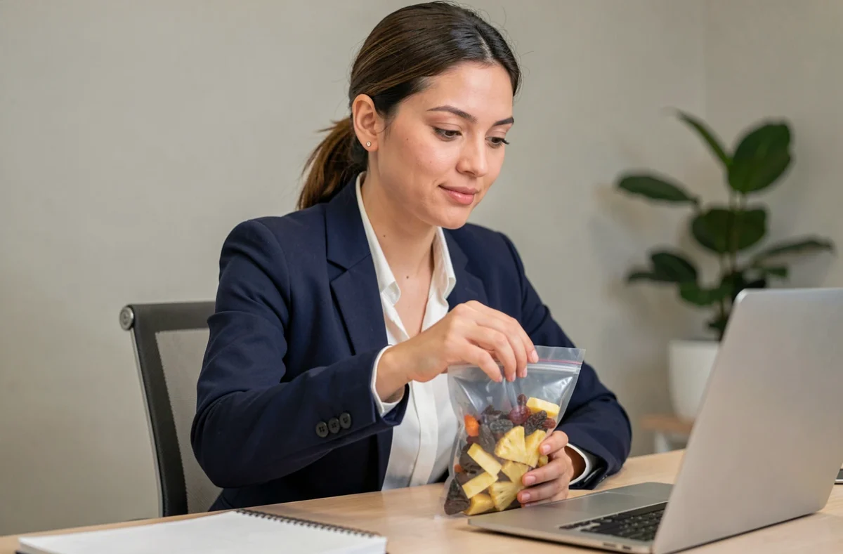 Professionnelle en entreprise qui grignote des fruits déshydratés à son bureau lors d'une pause