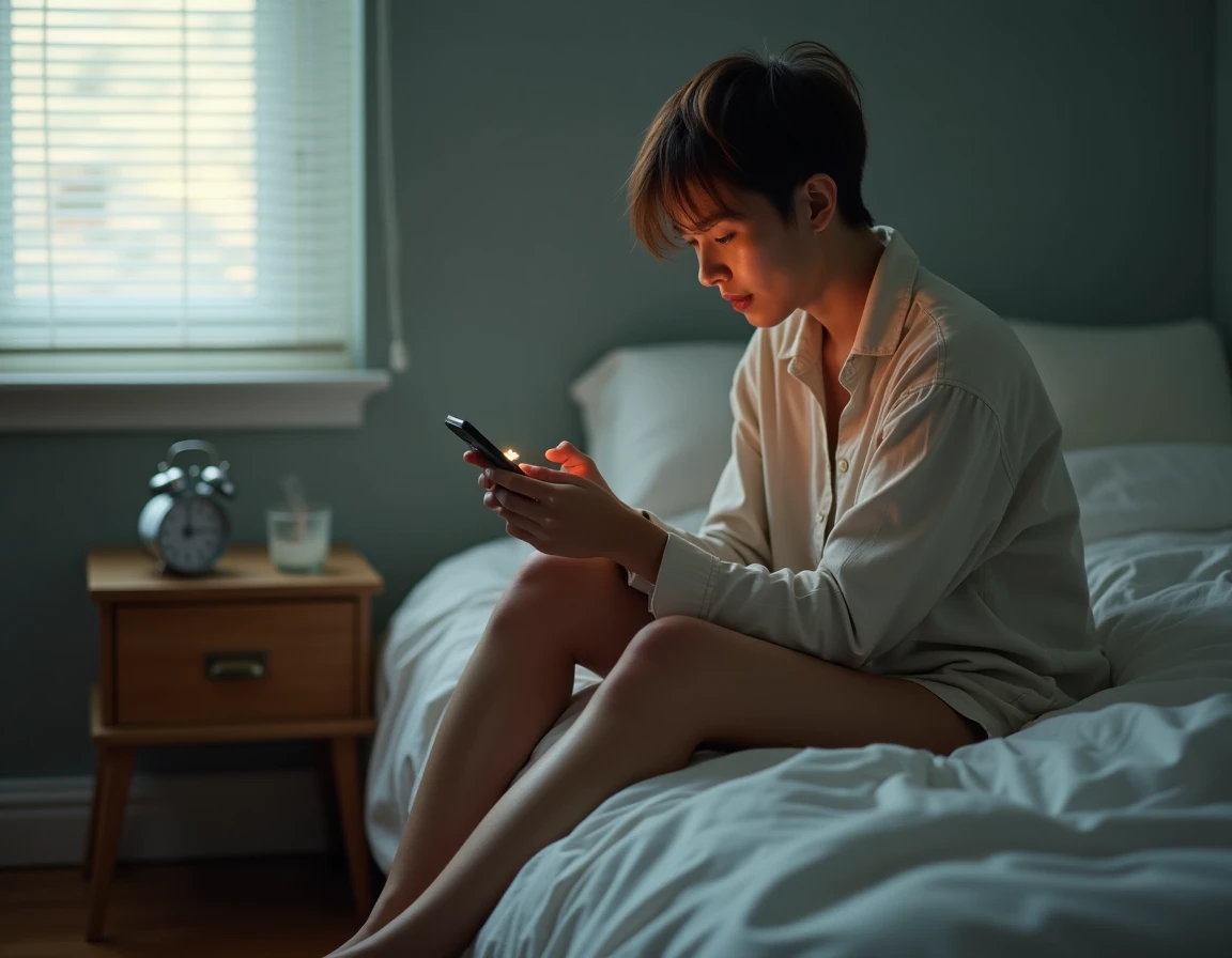 Personne assise sur son lit le matin consultant son téléphone pour trouver une excuse à envoyer à son employeur avant de manquer le travail