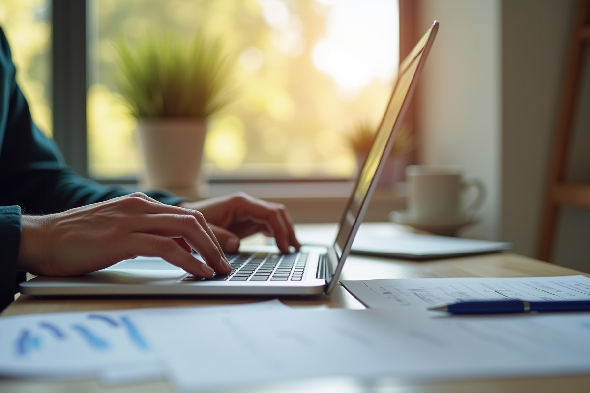 Personne travaillant seule avec un ordinateur et documents INPI et Legalstart