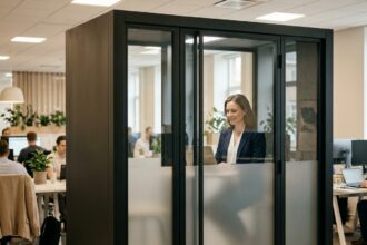 Phonebox acoustique intégrée dans un open space moderne avec une professionnelle en réunion virtuelle