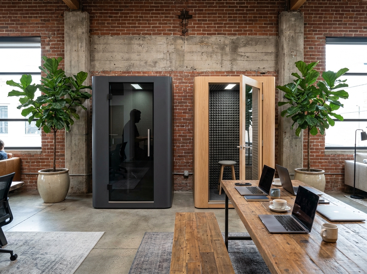 Deux phoneboxes installées dans un espace de coworking contemporain avec végétation et mobilier design