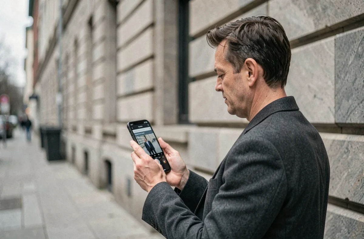 Personne en veste grise consultant un smartphone pour cadrer un portrait professionnel CV en extérieur urbain