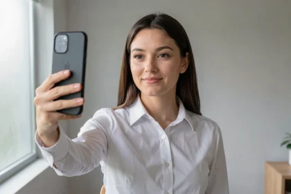 Femme prenant un portrait professionnel pour CV avec un smartphone contre un mur gris neutre