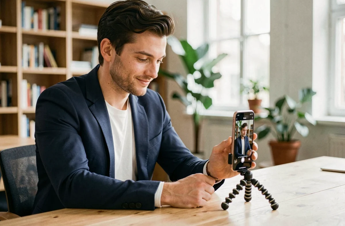 Homme en blazer marine réglant un trépied pour smartphone afin de réaliser un portrait CV en intérieur