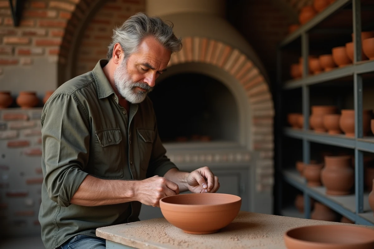 Potier expérimenté inspectant un bol en terre cuite émaillée dans une salle de cuisson avec four traditionnel en briques