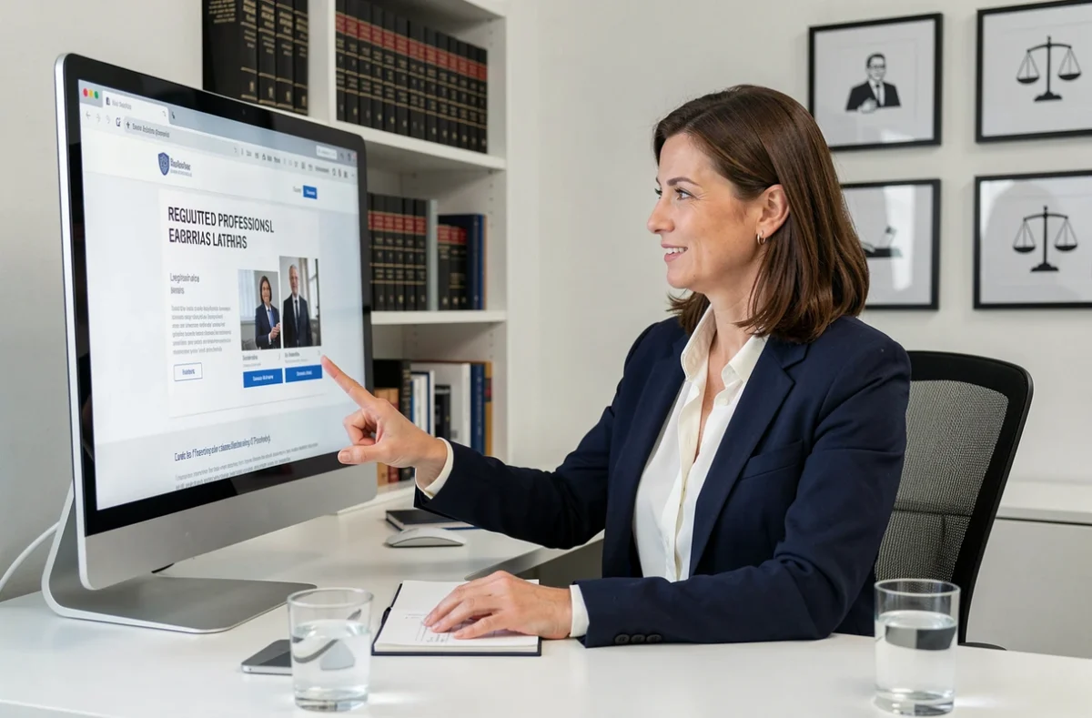 Consultante web de Premiere.page présentant un site internet conçu pour les professions réglementées comme les avocats et notaires dans un bureau professionnel épuré