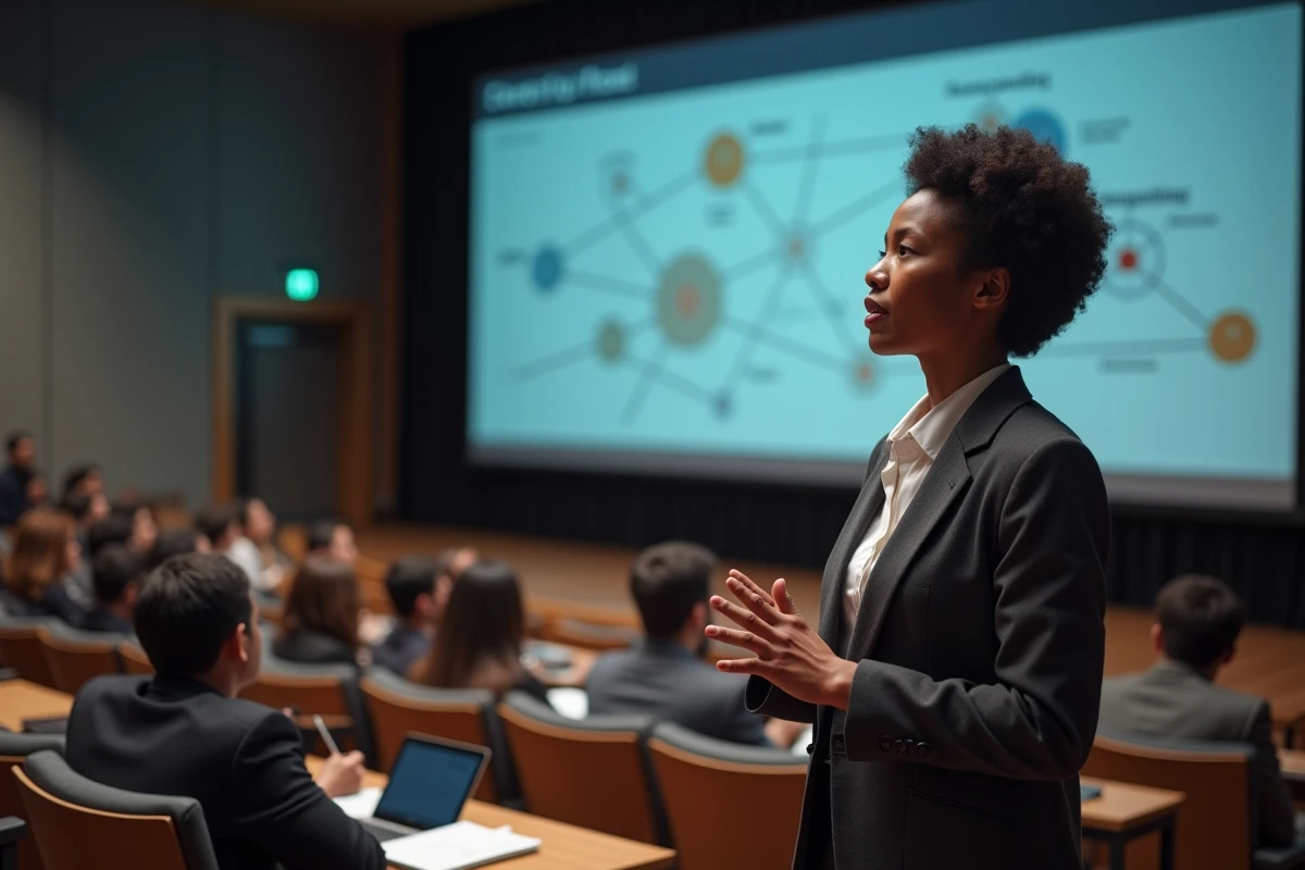 Femme professionnelle présentant une stratégie d'innovation devant un auditoire dans le cadre du Kellogg Innovation Network