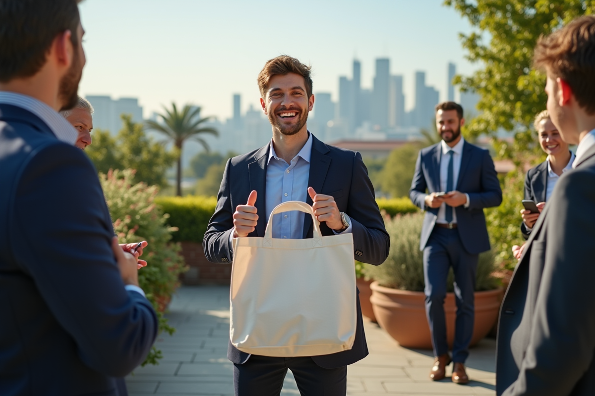 Jeune homme présentant un tote bag personnalisé lors d