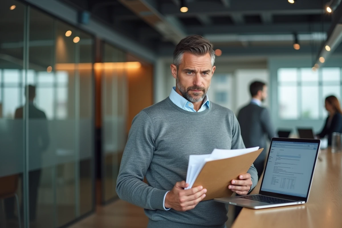 Employé consultant un tableur sur un contrat de fin de CDD dans un espace de travail ouvert
