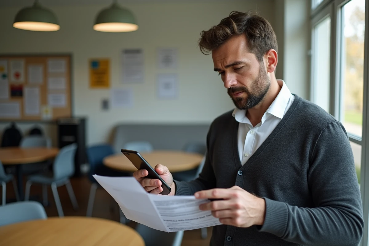 Professeur masculin comparant son bulletin de salaire avec le portail en ligne de l'éducation nationale
