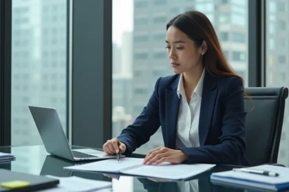 Professionnelle en conformité analysant des documents réglementaires dans un bureau d'entreprise moderne