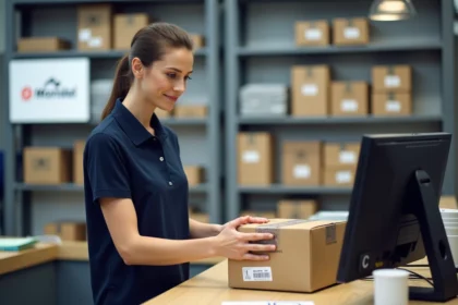 Professionnelle scannant un colis Mondial Relay dans un point relais pour l'e-commerce