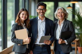 Trois professionnels divers en coworking moderne