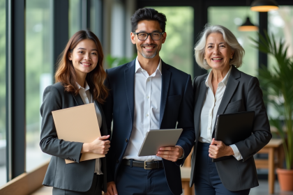 Trois professionnels divers en coworking moderne