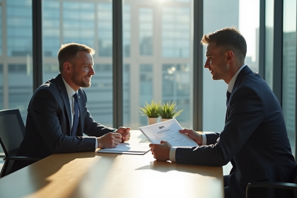 Deux professionnels discutant autour d'une table avec documents INPI et Legalstart