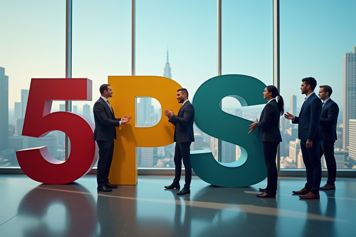 Cinq professionnels discutant stratégie devant skyline