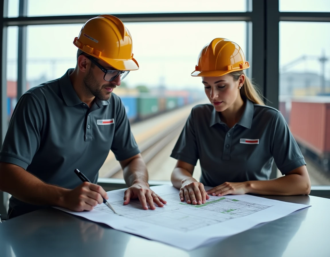 Deux professionnels de la logistique consultant un plan d'accès au site Kuehne Nagel en région parisienne