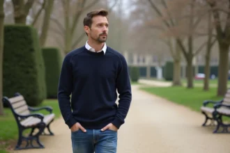 Homme en marche dans un parc parisien calme au printemps