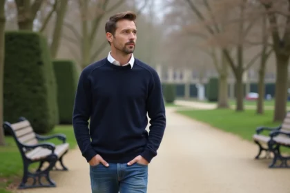 Homme en marche dans un parc parisien calme au printemps