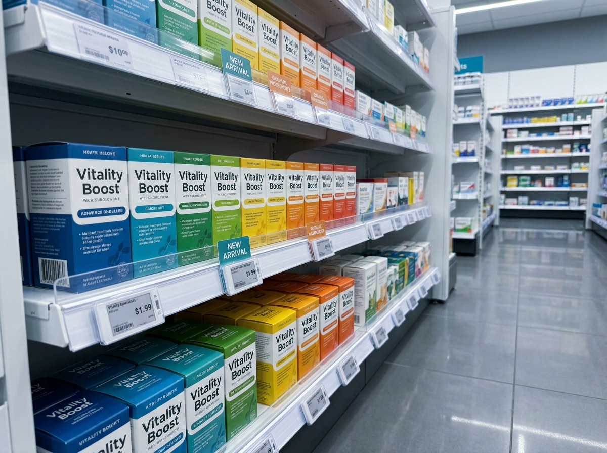 Rayon retail bien organisé avec une nouvelle gamme de produits correctement facée et étiquetée