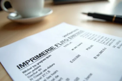 Relevé de compte bancaire posé sur un bureau en bois montrant la mention IMPRIMERIE NATIO FLERS EN ESCRE dans les transactions