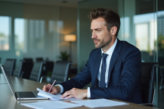 Responsable conformité en costume dans un bureau moderne