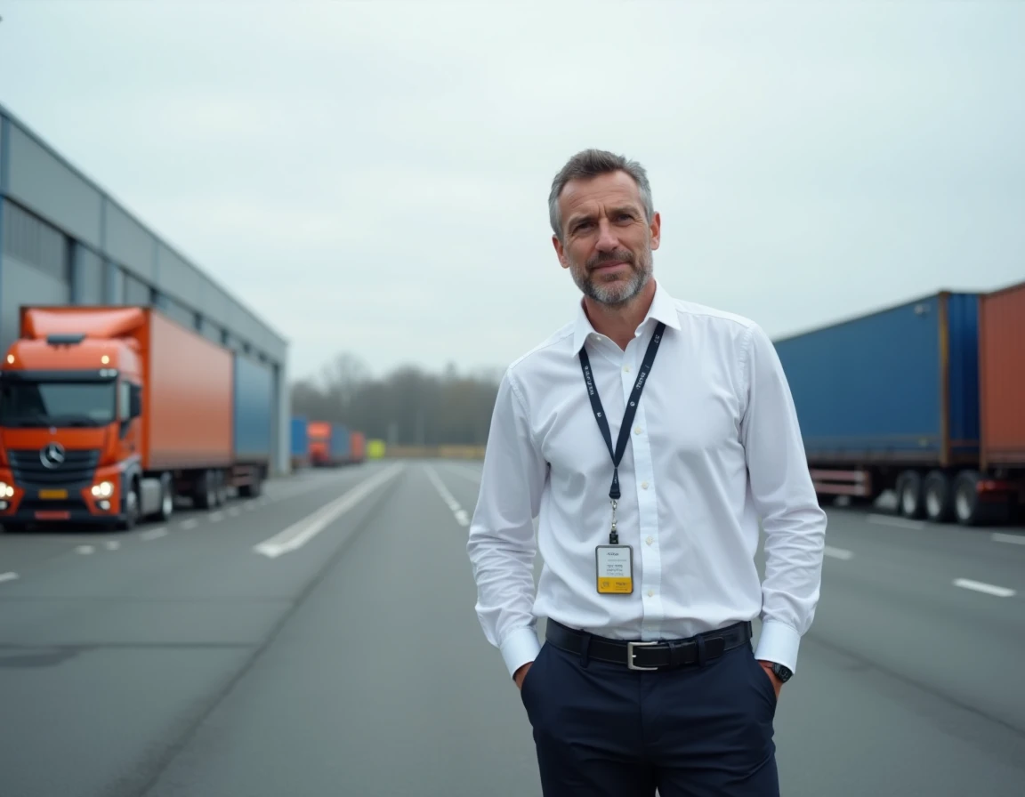Responsable d'exploitation devant un site logistique en Île-de-France avec camions et conteneurs