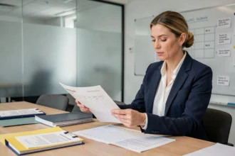 Responsable RH analysant une grille d'évaluation lors d'un processus de recrutement structuré en salle de réunion