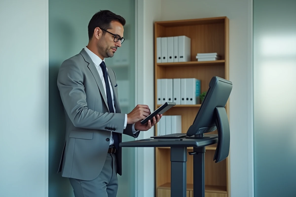 Responsable RH masculin utilisant une tablette pour gérer des documents sécurisés dans un coffre-fort numérique type Coffreo ou Digiposte, dans un bureau minimaliste