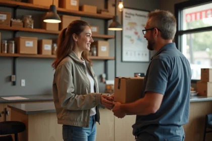 Jeune femme souriante recevant un colis en boutique UPS