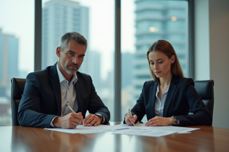 Homme d'affaires et jeune femme en réunion dans un bureau moderne