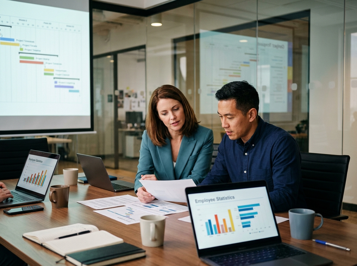 Deux professionnels analysant des rapports de gestion de formation sur ordinateur portable lors d'une réunion en salle de conférence