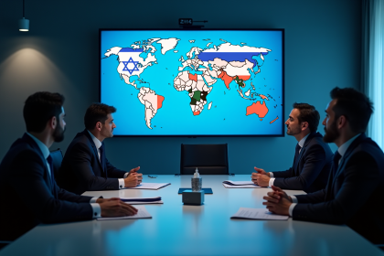 Réunion de dirigeants autour d'une table avec carte du Moyen-Orient