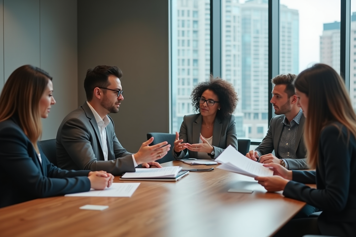 Groupe de professionnels en réunion autour d