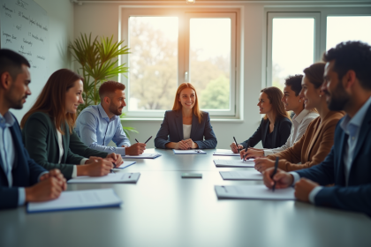 Réunion professionnelle en bureau avec collègues divers