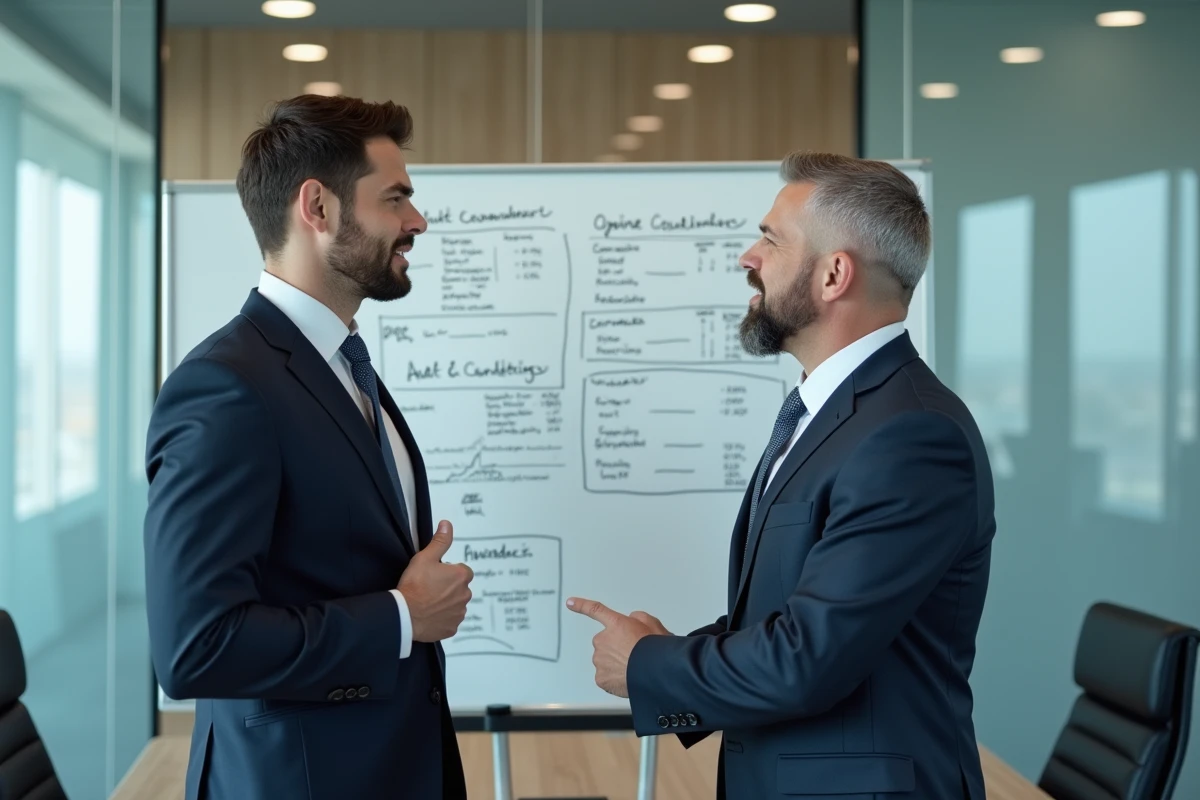 Deux professionnels en costume discutant de stratégie d'audit financier devant un tableau blanc dans une salle de réunion d'un Big 4
